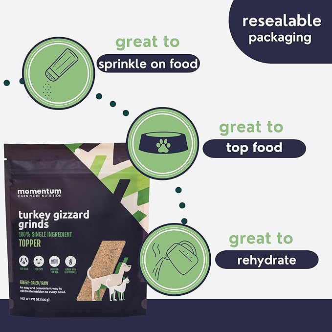 Momentum Carnivore Nutrition Freeze-Dried Turkey Gizzard Pet Food Topper – Single-Ingredient, All-Natural Topper – High-Protein for Dogs and Cats, Grain-Free and Made in The USA– (3.75 oz Bag)