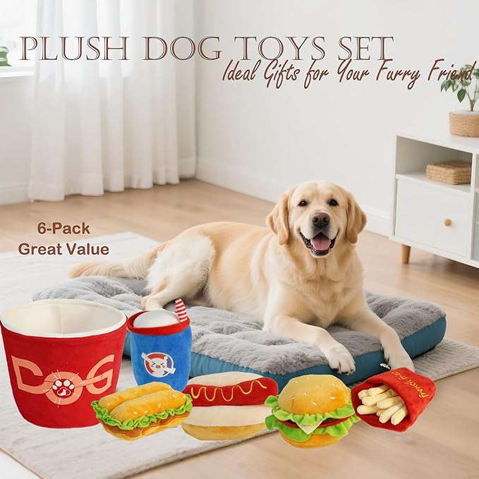 6-Pack Crinkle Squeaky Dog Toys for Aggressive Chewers Fast Food Plush Chew Toys Pet Set: Hide Seek Bucket, Chicken Hamburg, Fries, Cola, Hot Dog Durable Stuffed Dog Toys for Medium Small Breeds Puppy