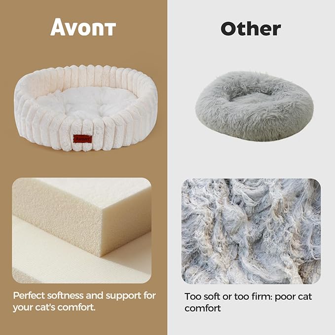 Avont Fluffy Cat Bed for Indoor Cats, Cozy Plush Sleeping Nest for All Sleep Styles, Washable Removable Cushion & Anti-Slip Base, Calming Round Bed for Kittens & Small Dogs – Cream(S)