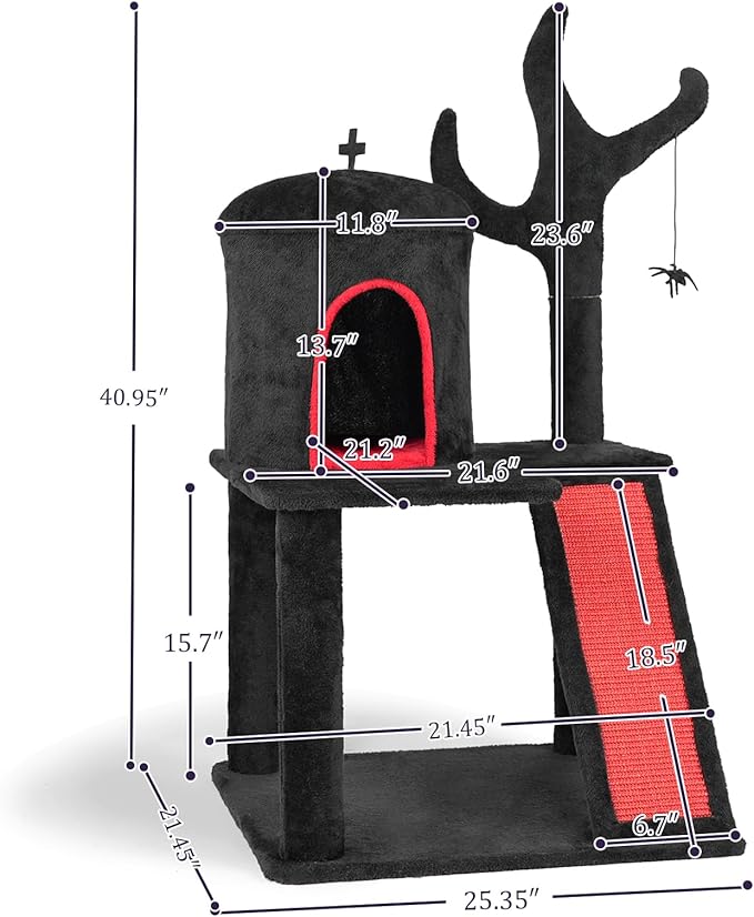 42" Gothic Cat Tree, Halloween Cat Tower Cat Tree with Spacious Cat Condo, Brach Shaped Scratching Post, Scratching Ladder, Spider Toy for Indoor Cats(54 * 54 * 106CM)