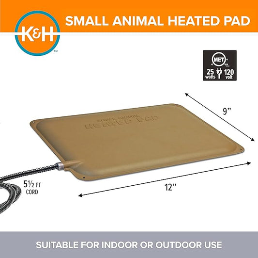 K&H Pet Products Small Animal Outdoor Heated Pad, Waterproof, Chew Resistant, Safety Listed, Indoor Outdoor Heater Warming Pad for Cat Houses, Rabbit Hutches, or Chick Brooders - 12 X 9in Tan 20W