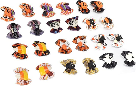 Dog Halloween Stylish Handcrafted Grooming Bows 24Pcs for Pet Cats Dogs, Polyester Material Halloween Patterns Cat Dog Hair Bows for Party Supplies
