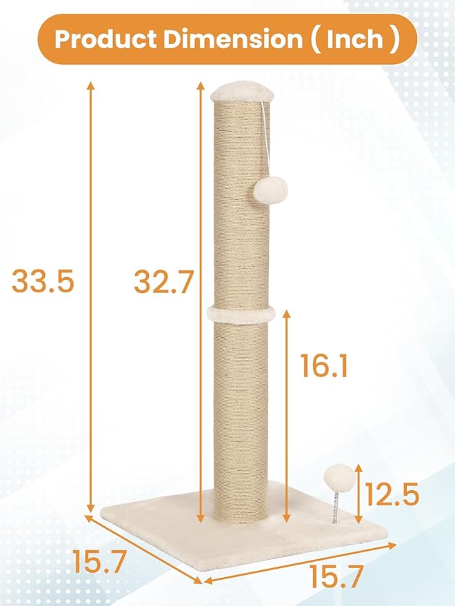 Cat Scratching Post 33-Inch Cat Scratching Post Natural Sisal Rope Mounting Methods Scratcher Tree Tower with Stable Base and Hanging Toy Balls for Indoor Cats and Kittens