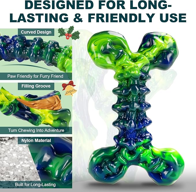 3-Pack Indestructible Dog Chew Toys for Aggressive Chewers, Peanut Butter Nylon Bones for Medium Large Dogs (25-90 lbs), Dental Chews for Boredom & Anxiety, St. Patrick's Day Gift (Lucky Green)