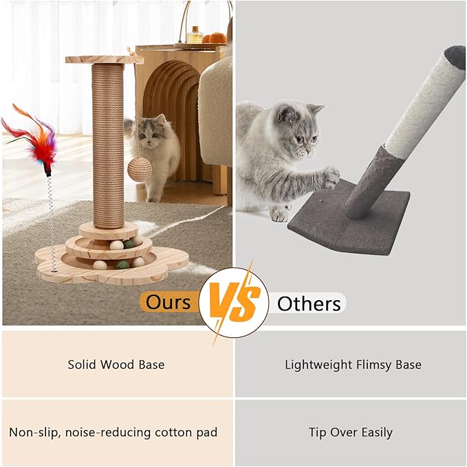 Cat Scratching Post, Cat Tower Scratch Post, Cat Tower with Scratching Post, Wooden Cats Tree with Solid Wood Waterproofing Base Cat Toy and Interactive Ball for Adult Cats & Kittens (Large)