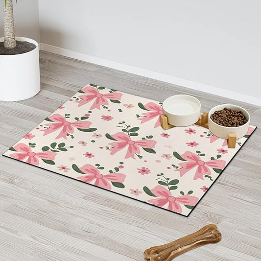 Pink Bow Dog Food Mat for Floors Absorbent, Quick Dry Water Dispenser Mat for Food, Water, Pet Supplies 24" x 32", Flower Leave