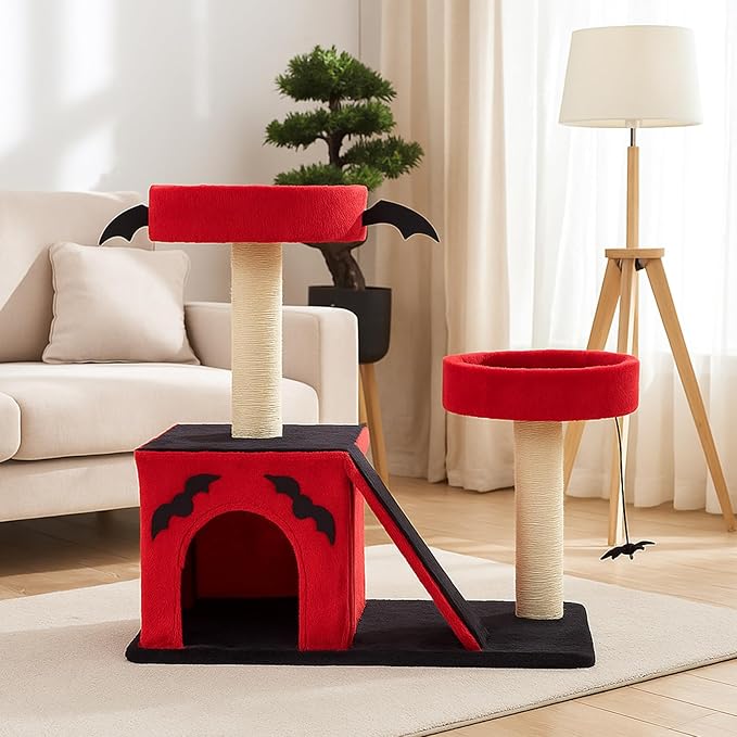 Gothic Cat Tree Tower for Large Cats, Red and Black, 27.5 Inches, with Condo, Perches, Sisal Scratching Posts, Ladder, Spider Toy, Halloween Theme