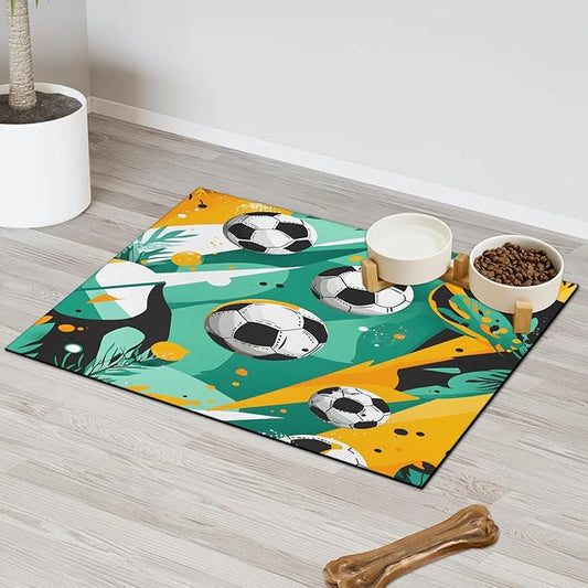 Sports Soccer Dog Food Mat for Floors Absorbent, Quick Dry Water Dispenser Mat for Food, Water, Pet Supplies 12" x 20", Football Theme