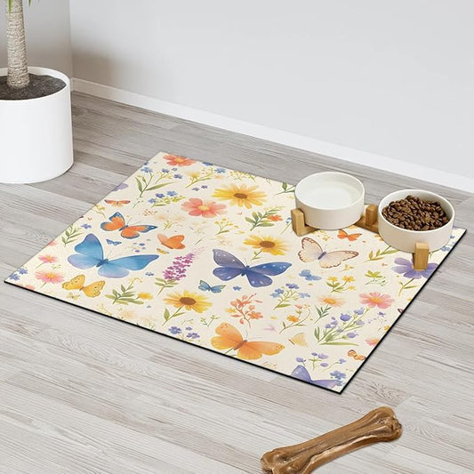 Butterfly Flower Dog Food Mat for Floors Absorbent, Quick Dry Water Dispenser Mat for Food, Water, Pet Supplies 12" x 20", Colorful Floral