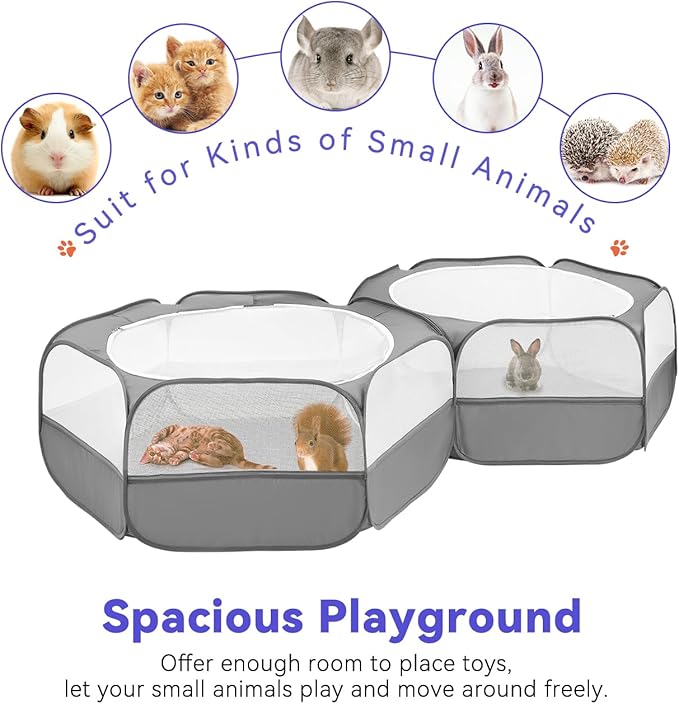 Pawaboo Extra Large 2-in-1 Small Animals Playpen, 2 Detachable Pet Cage Tent with Zipper Splicing, Portable Outdoor Yard Fence with 3 Metal Rod for Chick/Kitten/Puppy/Guinea Pig/Rabbits, Gray