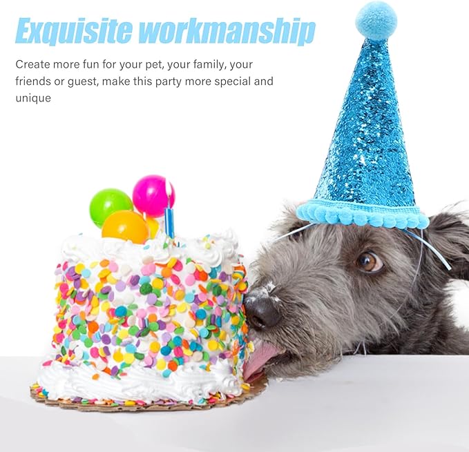 Dog Birthday Hats and Bandanas Set 3pcs Pet Party Accessories with Blue Birthday Hat and Sky Blue Scarf Decorative Pet Supplies