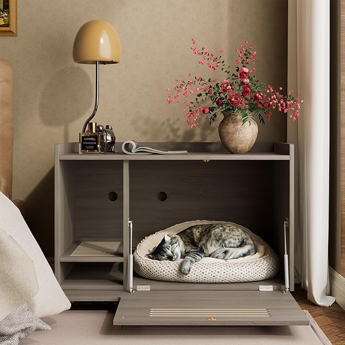 32.7" Gray Cat Litter Box Enclosure, Hidden Litter Box Furniture with Top Side Fence, Indoor Side End Table/Storage Cabinet for Large Cats