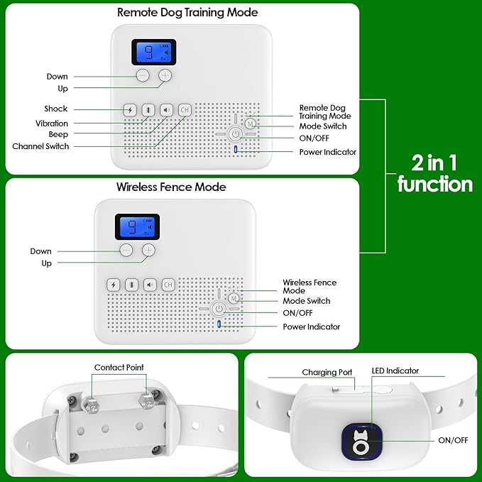 2 in 1 Wireless Dog Fence & Remote Training Collar, Pet Containment System with Adjustable Radius Range 16ft to 393ft, Waterproof & Rechargeable Training Collar Receivers for All Dogs (White)