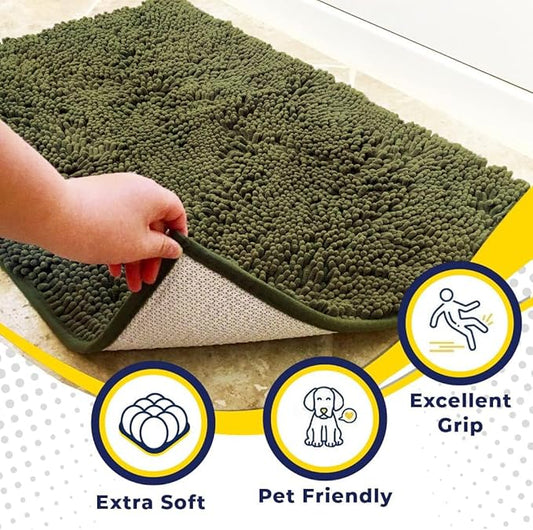 Muddy MatĀ® | Super Absorbent Door Mat Indoor, Microfiber Quick Dry Chenille Entryway Rug, Non-Slip Front Door Mat, Indoor Mats for Entryway, Machine Washable Pet Rug, Army Green 24" x 96"