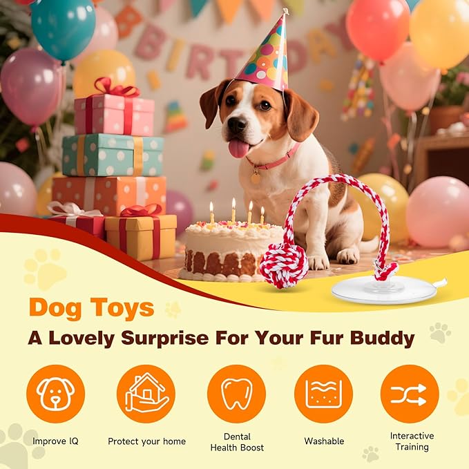 Interactive Dog Toys with Strong Gel Suction Cup, Durable Rope & Chew Ball, Dog Toys for Aggressive Chewers, Tug of War Dog Toy, for Small to Medium Dogs, Red White