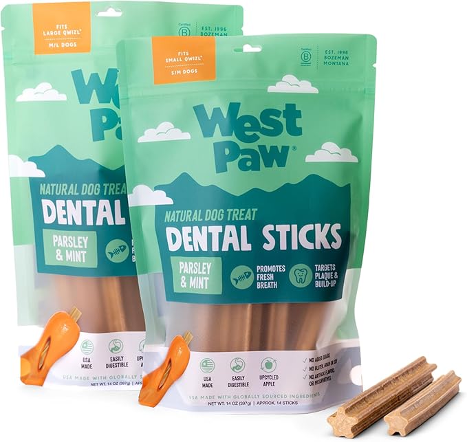 WEST PAW Dental Sticks Durable Dog Chew for Interactive Play, Clean Teeth and Fresh Breath - Safe Reliable and Long Lasting - 14 oz Bag for Small Dogs