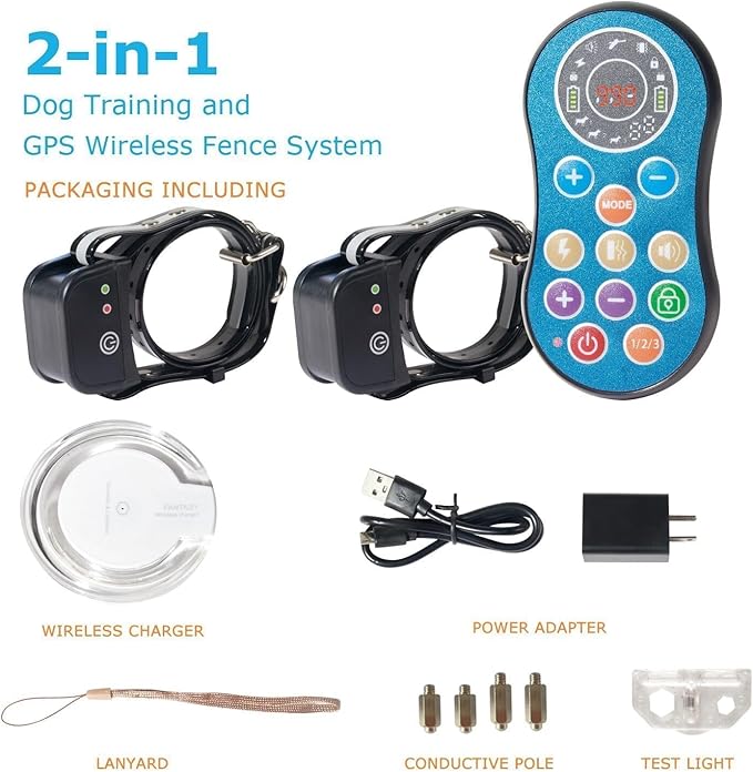 DOTSTAR Dog Wireless Fence Pet Training Collar GPS Electric System, Wireless Dog Fence Adjustable Range 50-990 Feet, Wireless Charging Dog Fence, Fully Sealed Waterproof Collar Receiver