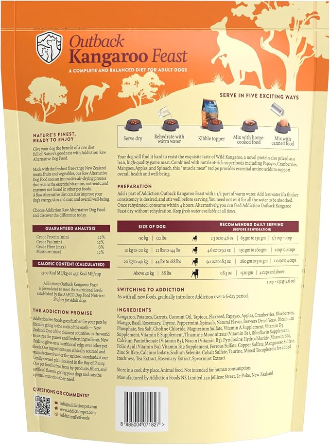 Addiction Outback Kangaroo Feast Air-Dried Grain-Free Dog Food – Complete Meal or Topper with Natural Ingredients for Digestive and Skin & Coat Health, 2lb - 2 Packs