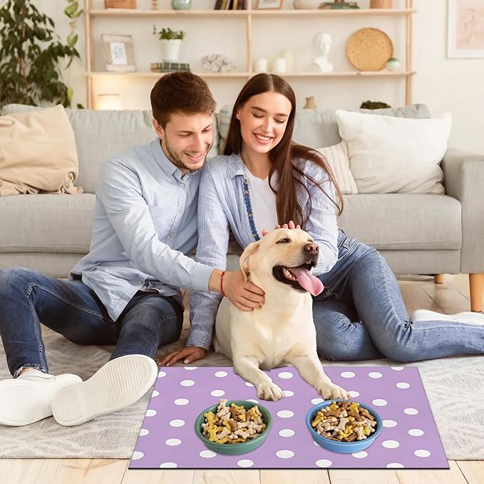 Polka Dot Dog Food Mat for Floors Absorbent Dog Bowl Mat for Food and Water Dispenser Quick Dry Cat Food Placemat Pet Supplies 16" x 24", Purple White Spot