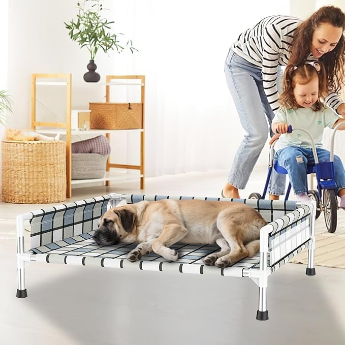 Elevated Raised Outdoor Dog Bed - Cooling Washable Dog Cot with Guardrail, Durable & Breathable Cotton Mesh Pet Hammock Beds with Stainless Steel Pipe Frame for Large Pets (34'' x 26'' x 12'')
