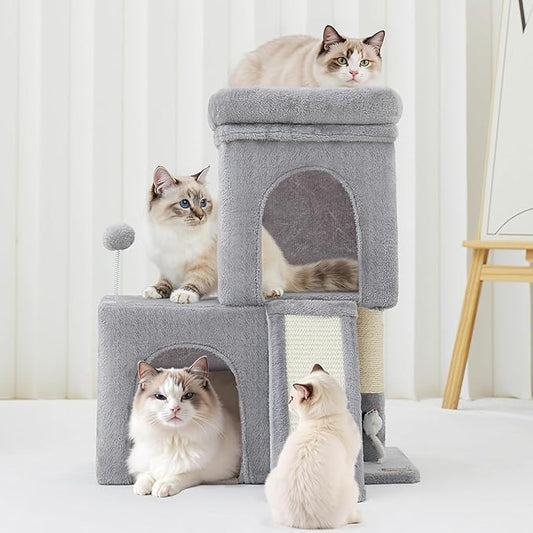 24inch Tall Cat Tree with 2 Cat Condo and Mouse Toy Cozy Small Cat Tower with Scratching Post and Board for Kitties and Small Cats.(Light Grey) (22 * 13 * 28)
