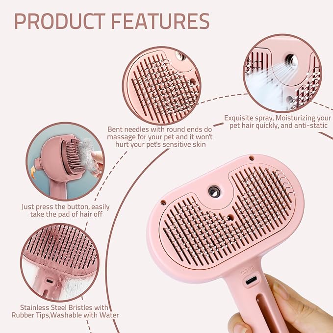 Bunny Ferret Steam Brush Release Button Self Cleaning Spray Comb for Long and Short Hair Cats Rechargeable Steaming Cat Grooming Brush Steamer to Remove Loose Hair (Pink)