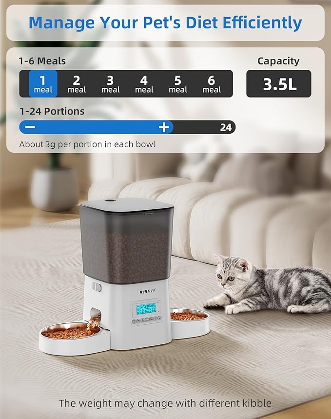 Automatic Cat Feeder, WellToBe 3.5L Timed Dry Food Dispenser for 2 Cats, Dual Power Supply (AC/Battery Backup) with 10-Second Voice Recorder, Programmable Pet Feeder for Multiple Cats