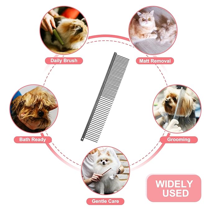 Dog Cat Comb, Pet Combs Stainless Steel Teeth with Rounded Ends for Knots Mats Loose Hair Removal, 7.5IN (Black Plated, 3 Pack), Grooming Tool Intended for Long Curly Hair Pet