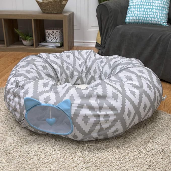 Kitty City Large Cat Tunnel Bed, 2-in-1 Zip-Together Cat Play Tunnel & Plush Nap Bed, Pop-Up Indoor Cat Toy with Hanging Toys, Collapsible Design - White