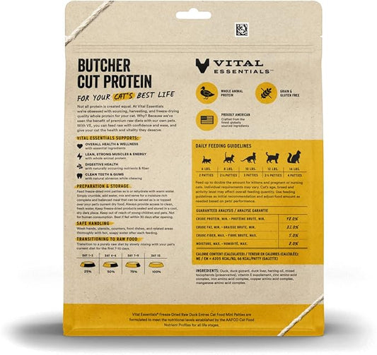 Vital Essentials Freeze Dried Cat Food, Raw Duck Mini Patties | Complete Meal or Topper | Easy to Portion and Rehydrate | High Protein, Grain Free Dry Cat Food | 8 oz Bag