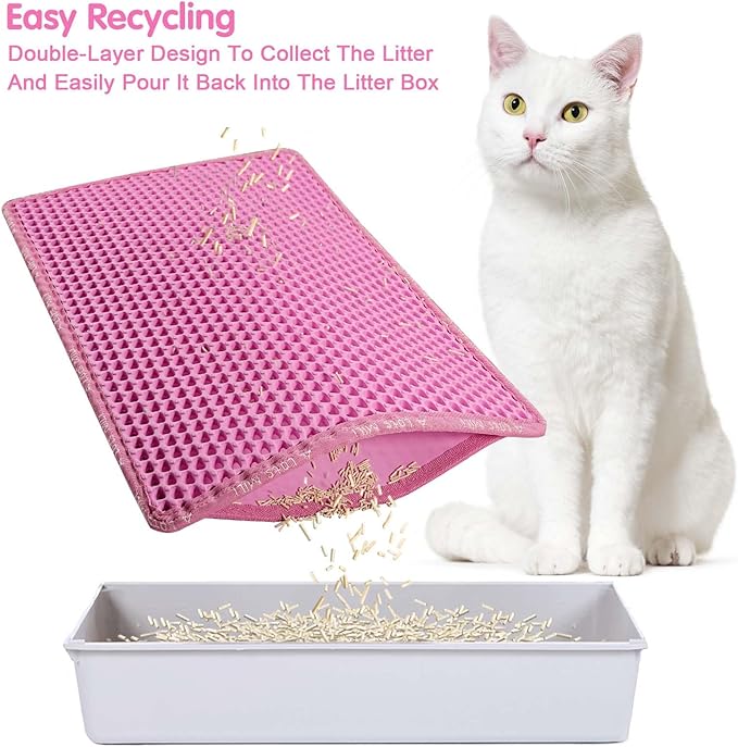Cat Litter Mat, 21 x 14 Inches Large Honeycomb Double Layer Cat Litter Trapping Mat, Non Slip Waterproof Urine Proof Cat Litter Box Mat, Kitten Supplies and Essentials, Pink