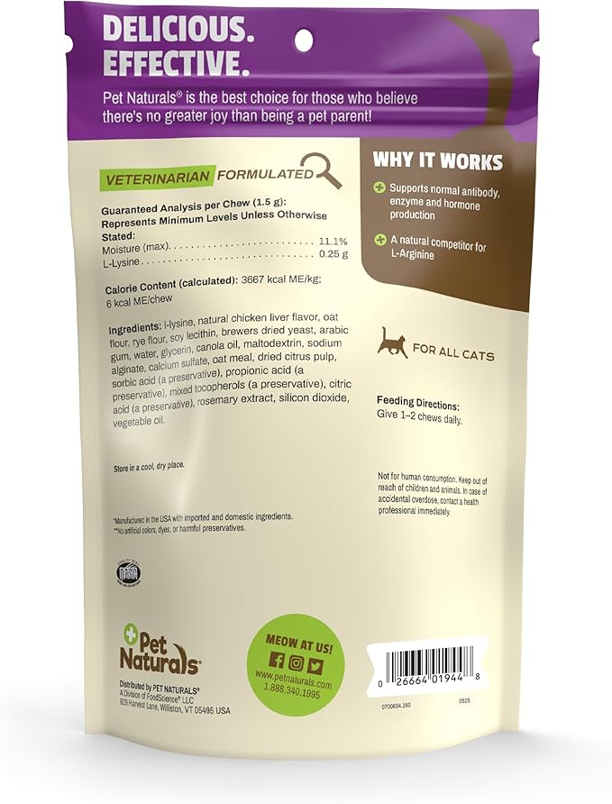 Pet Naturals Lysine for Cats, Chicken Flavor, 160 Chews - Immune and Respiratory Support for Cats - No Wheat or Corn - Vet Recommended
