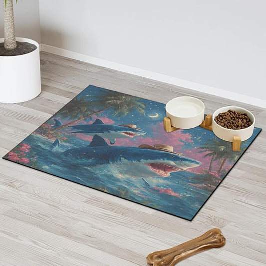 Ocean Sharks Dog Food Mat for Floors Absorbent Dog Bowl Mat for Food and Water Dispenser Quick Dry Cat Food Placemat Pet Supplies 16" x 24", Palm Tree