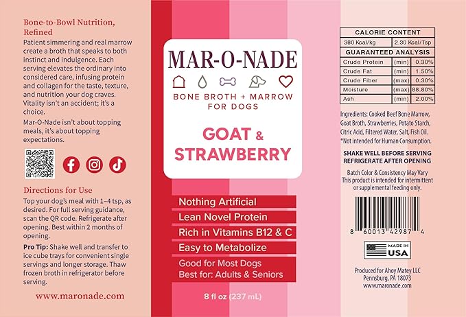 Bone Broth + Marrow Topper for Dogs - Goat & Strawberry, 8 fl oz - Grain-Free, AAFCO-Compliant, Small-Batch Nutritional Topper