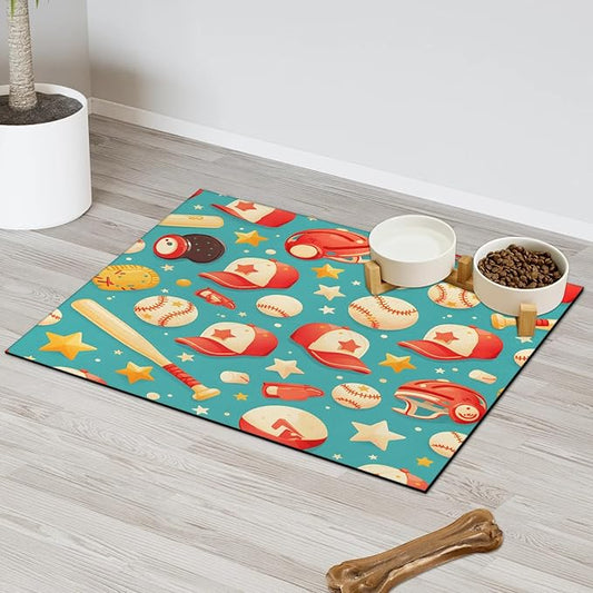 Baseball Dog Food Mat for Floors Absorbent, Quick Dry Water Dispenser Mat for Food, Water, Pet Supplies 12" x 20", Sport