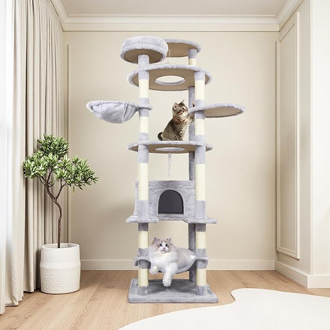 78.8 Inches Cat Tower for Indoor Cats, Cute Cat Tree with Cozy Condo, Platform, Hammock, Sisal Scratch Board and Interactive Toy (Light Gray)