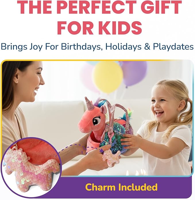 Little Jupiter Plush Pet Set w/Purse - Unicorn Stuffed Animals for Girls - Plush Toy Gift for Girls Ages 3-7 yrs (Coral Pink Unicorn)