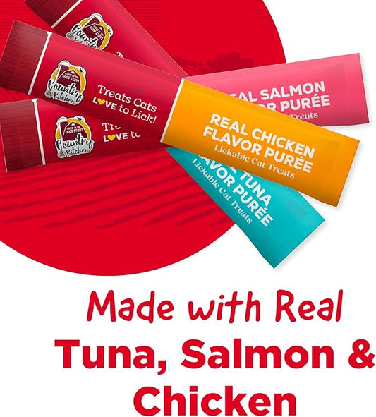 Country Kitchen Puree Lickable Cat Treats, 3 Flavor Variety Pack, Tuna, Salmon and Chicken, Made with Real Meat, 5 oz Tubes, 20 Count