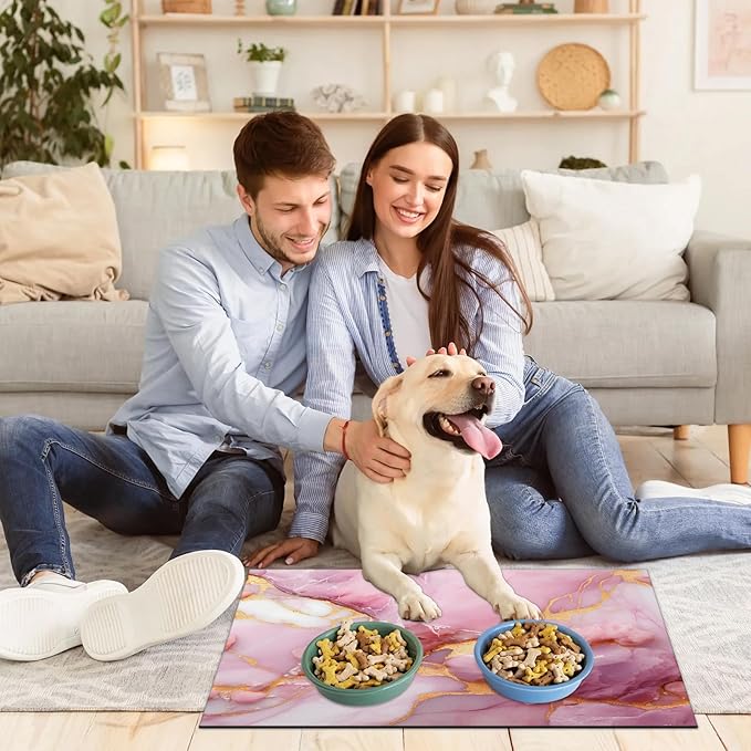 Pink Marble Dog Food Mat for Floors Absorbent, Quick Dry Water Dispenser Mat for Food, Water, Pet Supplies 16" x 24", Gold Marble