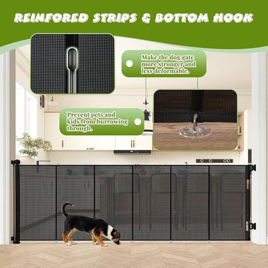 42" Tall Retractable Baby Gates, Extra Wide 118" Retractable Safety Gate with Reinforced Strips, Extra Long Dog Gate for Large Openings & Doorways Mesh Pet Baby Gates Indoor & Outdoor, Black