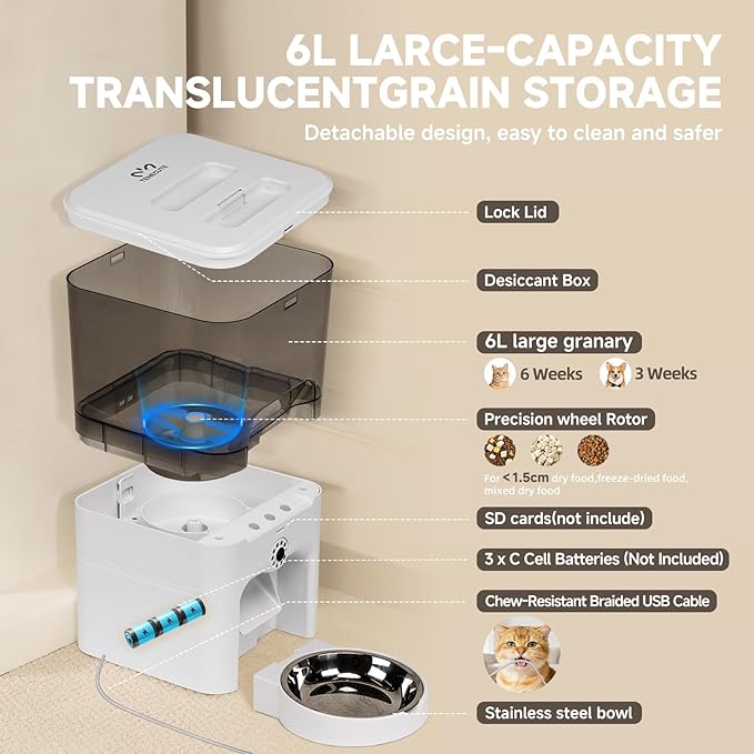 Automatic Cat Feeder with Camera, 6L Large Capacity Cat Food Dispenser, Scheduled Auto Cat Feeder, Smart App Control Remote Monitoring, 5G/2.4G WiFi, Low Food Alerts,2-Way Audio