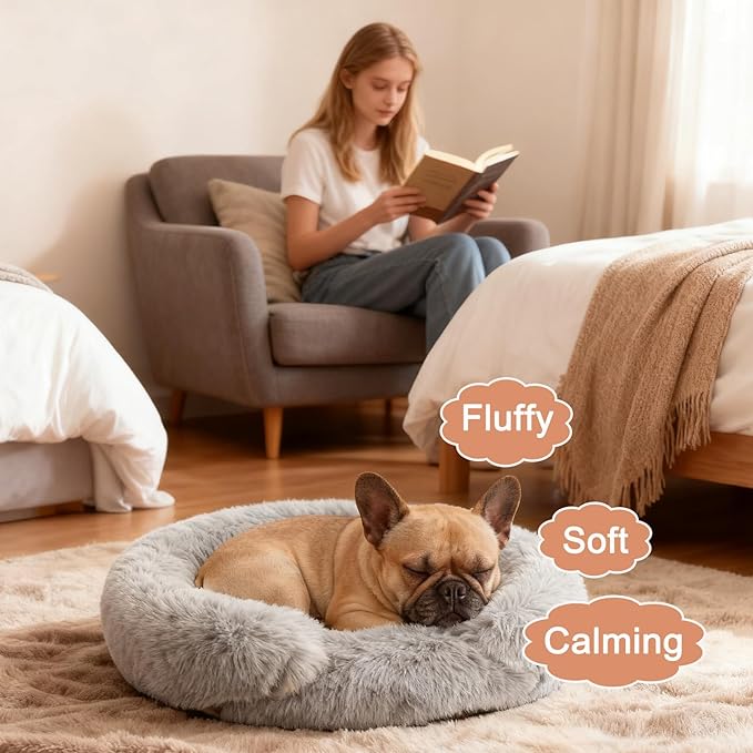 Calming Dog & Cat Beds for Small Medium Dogs Cats, Anti-Anxiety Pet Bed Orthopedic Donut Cushion, Soft Fluffy Faux Fur Warming Cozy Washable, Fits up to 15 lbs Pets (Round, Pale Grey 20")