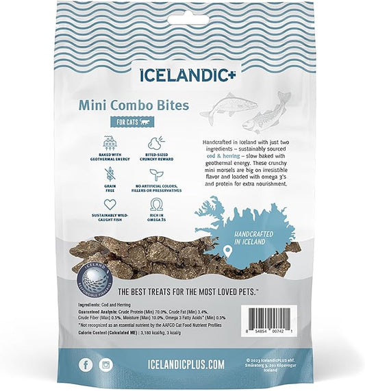 Icelandic+ Mini Combo Bites: Cod & Herring - 1.7oz Bag - Cat Treats, .25" Crunchy Bites, 2 Ingredient Natural Pet Snacks, No Fillers, Wild-Caught Fish (Pack of 2)
