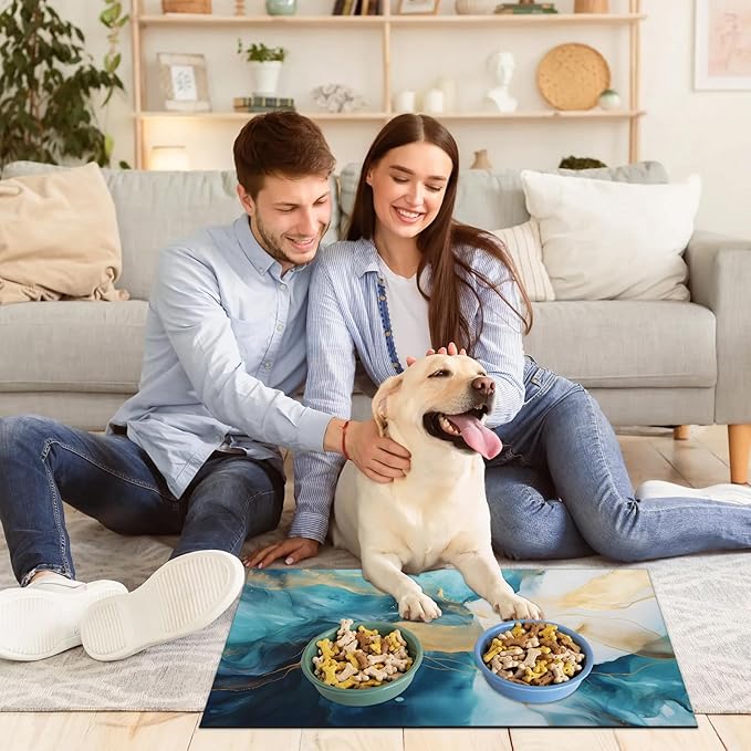 Marble Dog Food Mat for Floors Absorbent, Quick Dry Water Dispenser Mat for Food, Water, Pet Supplies 16" x 24", Blue Gold Stripes