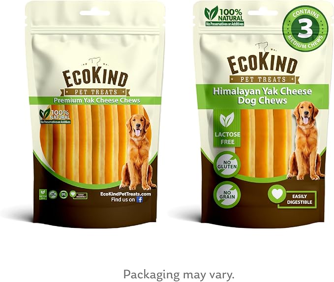 EcoKind Premium Gold Yak Cheese Himalayan Dog Chews, Healthy Dog Treats for All Dog Breeds & Sizes, All Natural, Long Lasting Dog Chew for Aggressive Chewers, High Protein Treat, Medium - 3 Chews
