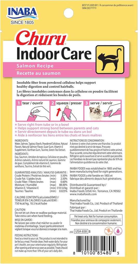 INABA Churu Indoor Care for Hairball Control, Functional Lickable Cat Treat with Taurine & Green Tea Extract, 0.5oz Each, 24 Tubes Total, Salmon Recipe
