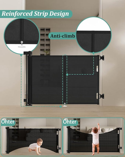 50 inch Retractable Baby Gates 34 inch Tall, Retractable Gate with Reinforced Strip Design to Prevent Crawling Through, Retractable Dog Gate for Stairs, Doorways, Hallways