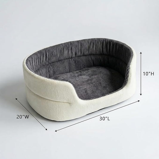 Large Dog Bed Cat Bed 20x30 Inch, Calming Pet Bed for Medium Dogs & Large Cats, Half-Enclosed Open-Top Velvet Anti-Anxiety Bed, Machine Washable Cozy Snuggle Bed (White)