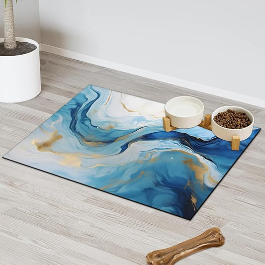 Blue Marble Dog Food Mat for Floors Absorbent, Quick Dry Water Dispenser Mat for Food, Water, Pet Supplies 16" x 24", Abstract