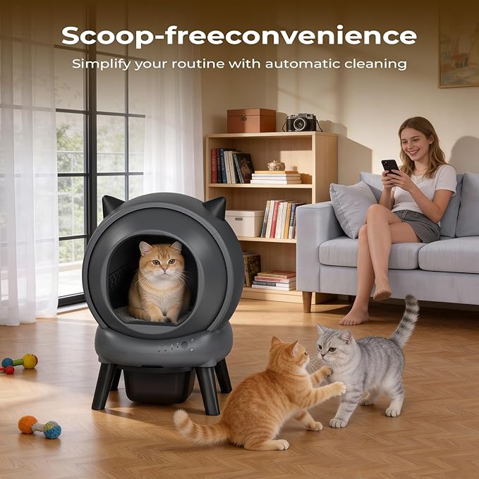 Self Cleaning Litter Box, E2 Cat Litter Box Automatic Cleaning, Robot Litter Box with 2 Rolls Waste Bag and Litter Mat, Black